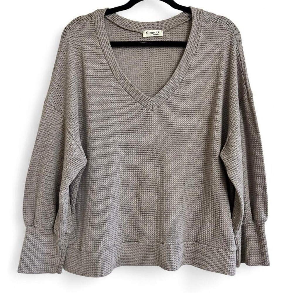 Excellent Ginger G Taupe Waffle Knit Top Womens Large Oversized V-Neck Thermal - Picture 2 of 8